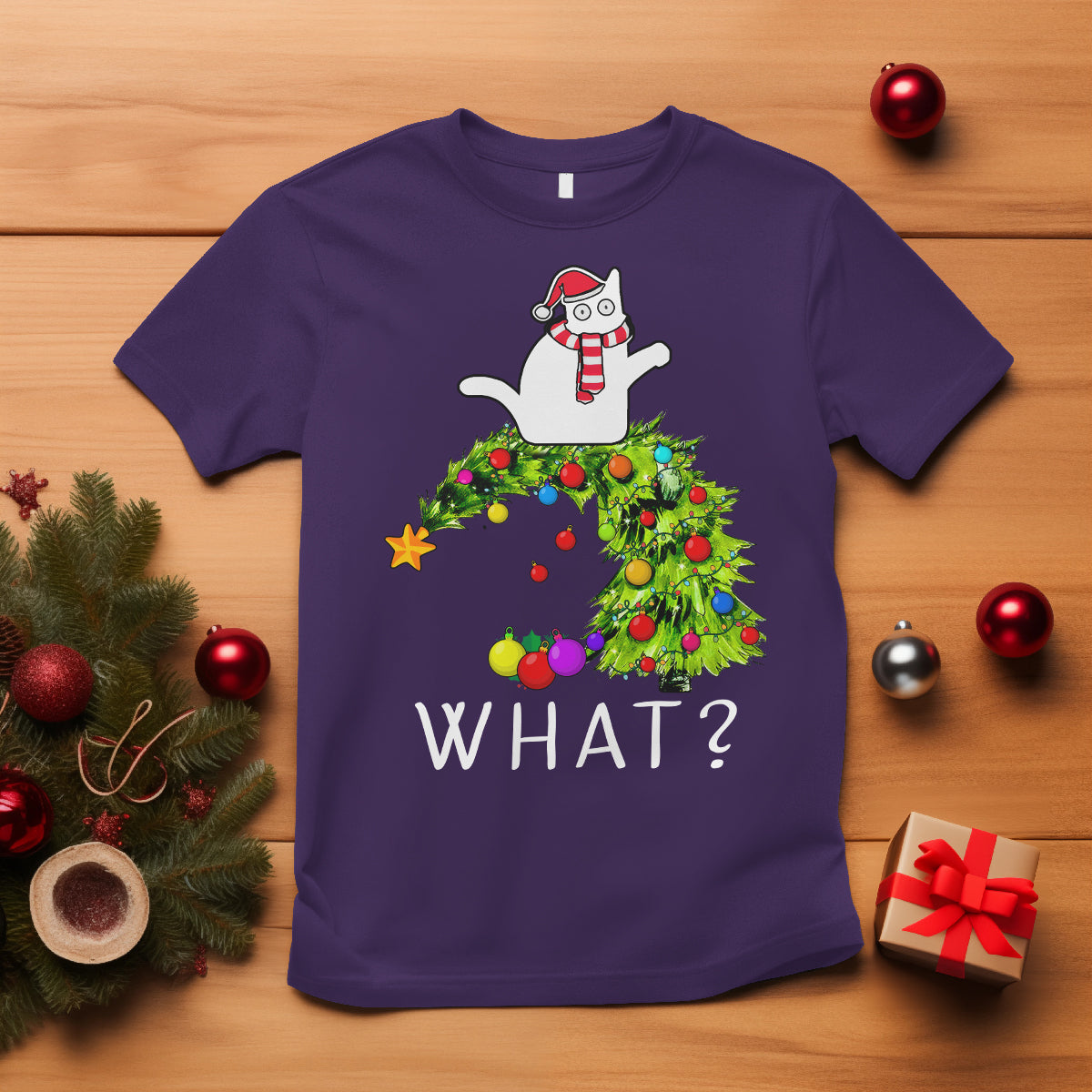 What? Cat Pushing Christmas Tree Xmas Mischievous Cat Lover T Shirt - Wonder Print Shop
