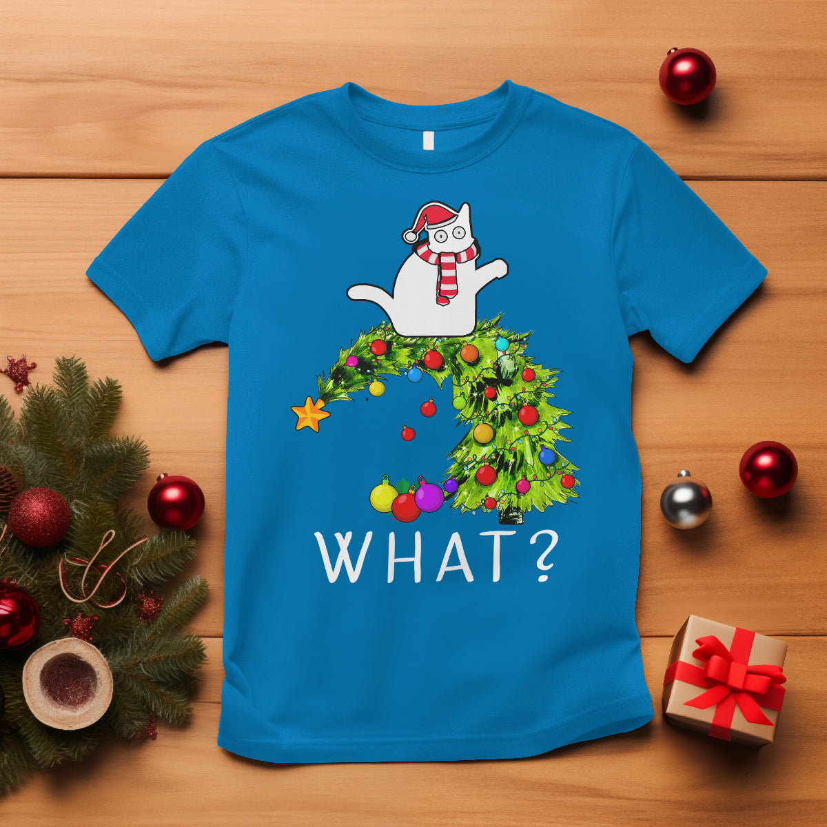 What? Cat Pushing Christmas Tree Xmas Mischievous Cat Lover T Shirt - Wonder Print Shop