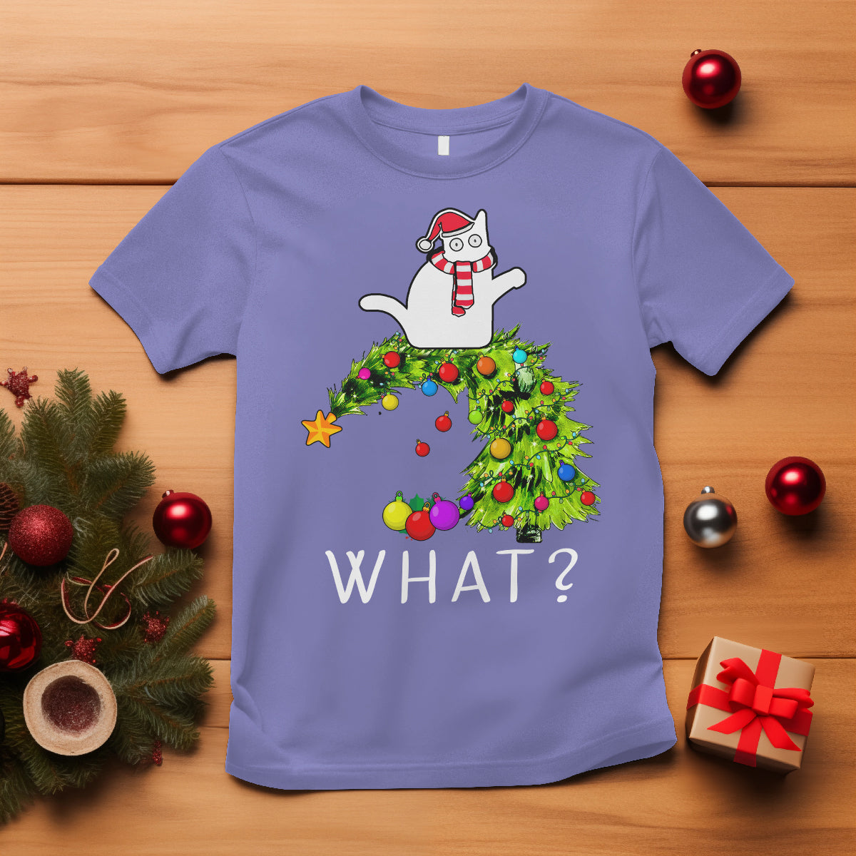 What? Cat Pushing Christmas Tree Xmas Mischievous Cat Lover T Shirt - Wonder Print Shop