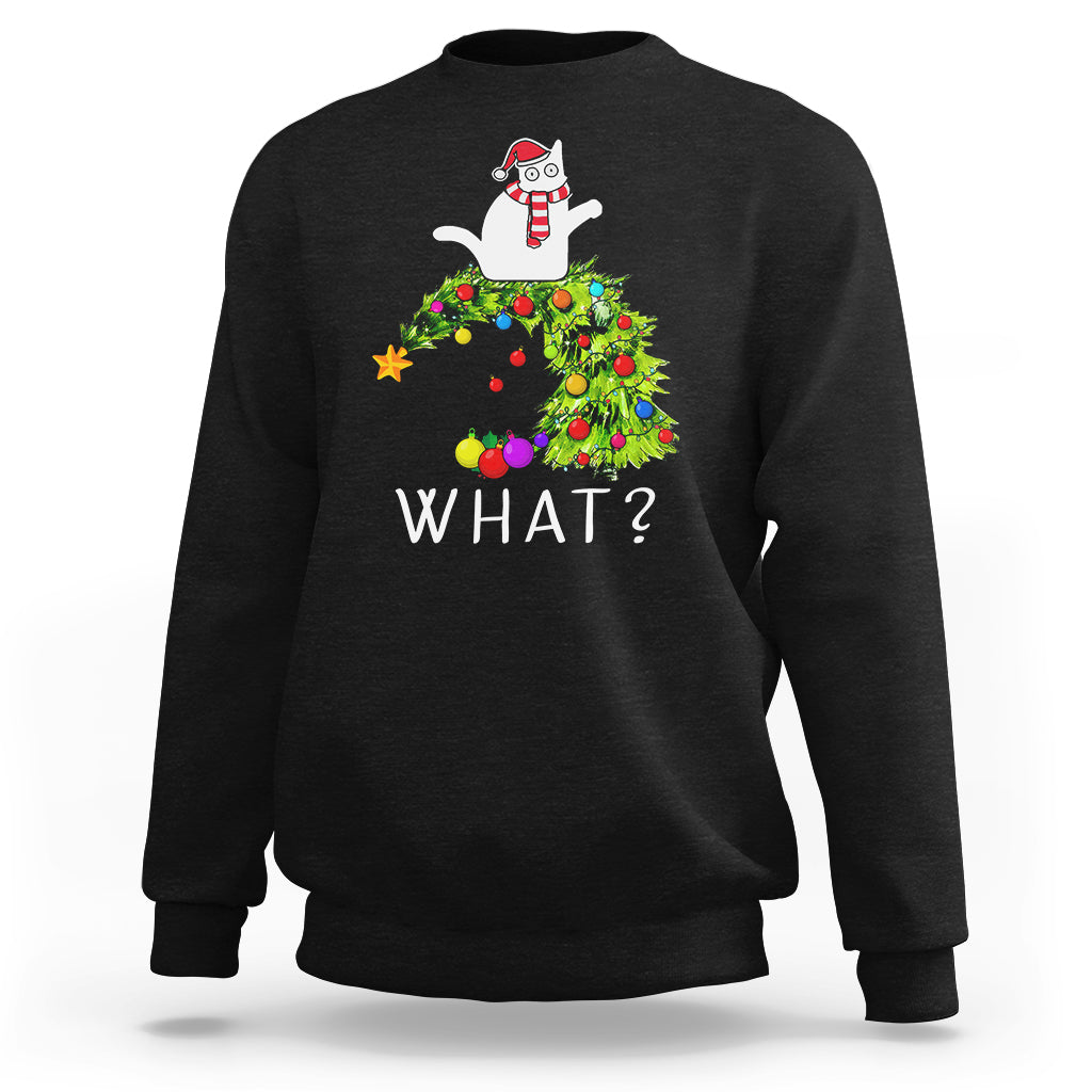 What? Cat Pushing Christmas Tree Xmas Mischievous Cat Lover Sweatshirt - Wonder Print Shop
