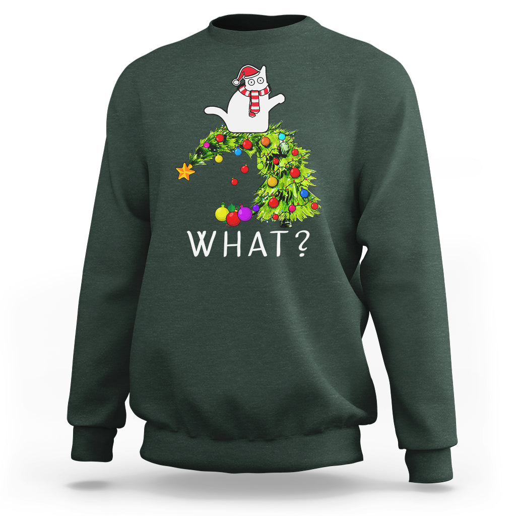 What? Cat Pushing Christmas Tree Xmas Mischievous Cat Lover Sweatshirt - Wonder Print Shop