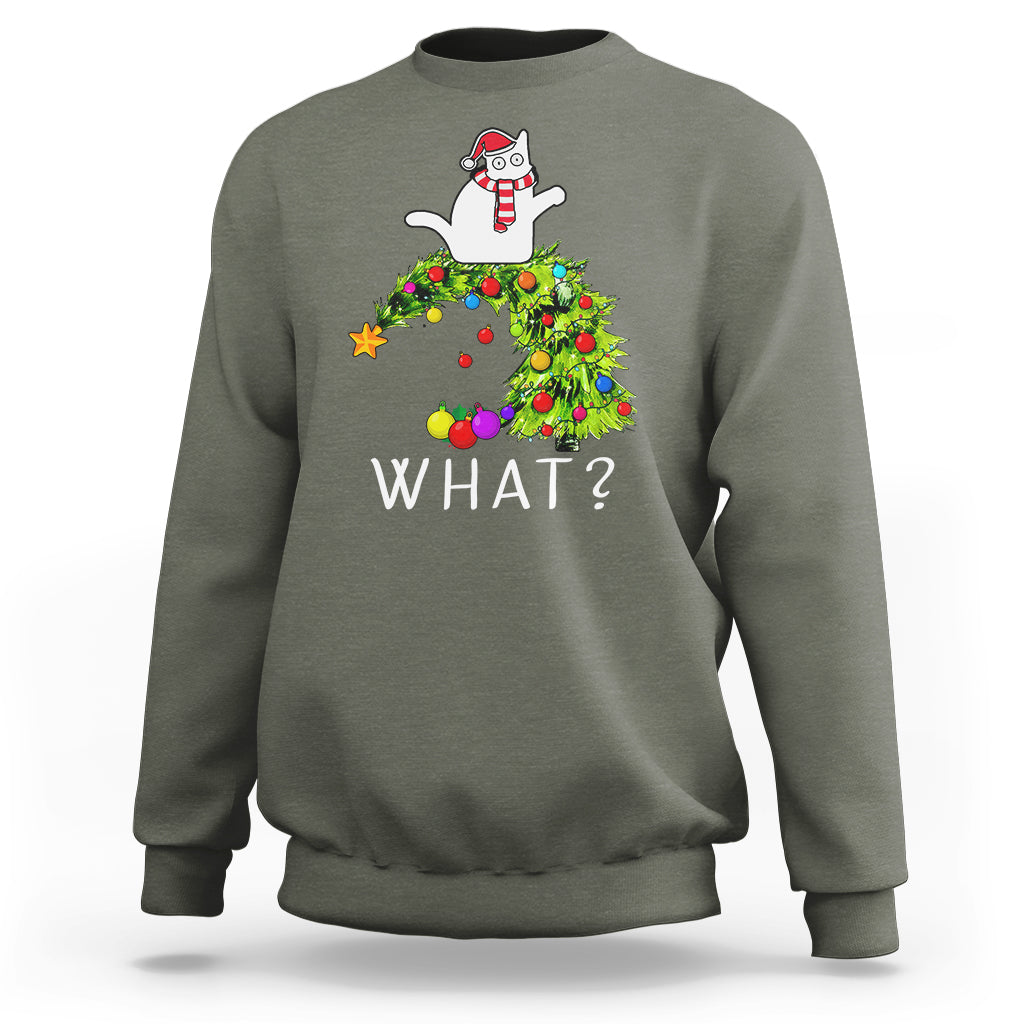 What? Cat Pushing Christmas Tree Xmas Mischievous Cat Lover Sweatshirt - Wonder Print Shop