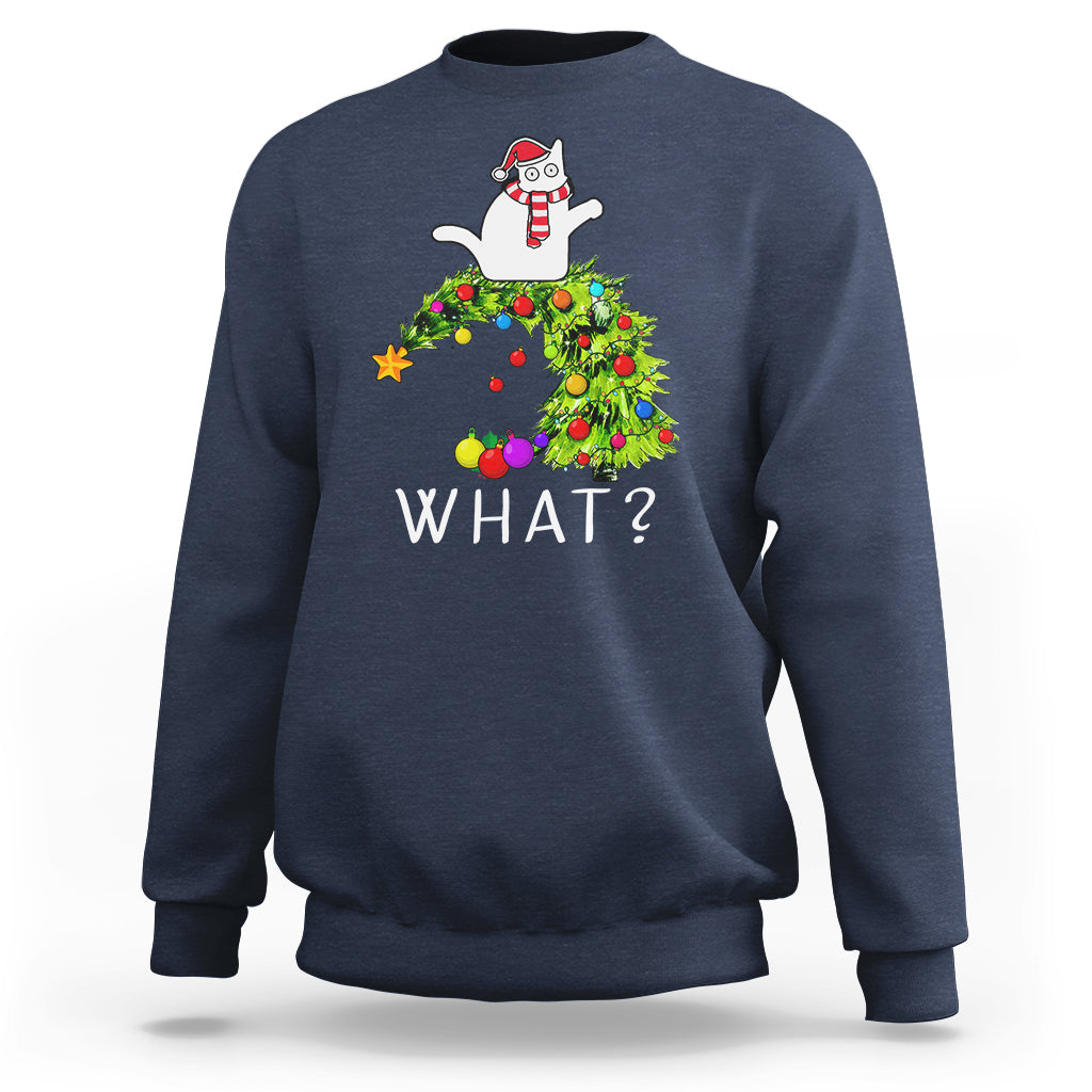 What? Cat Pushing Christmas Tree Xmas Mischievous Cat Lover Sweatshirt - Wonder Print Shop