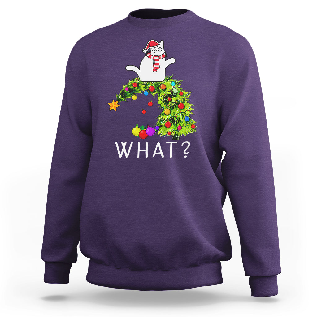 What? Cat Pushing Christmas Tree Xmas Mischievous Cat Lover Sweatshirt - Wonder Print Shop