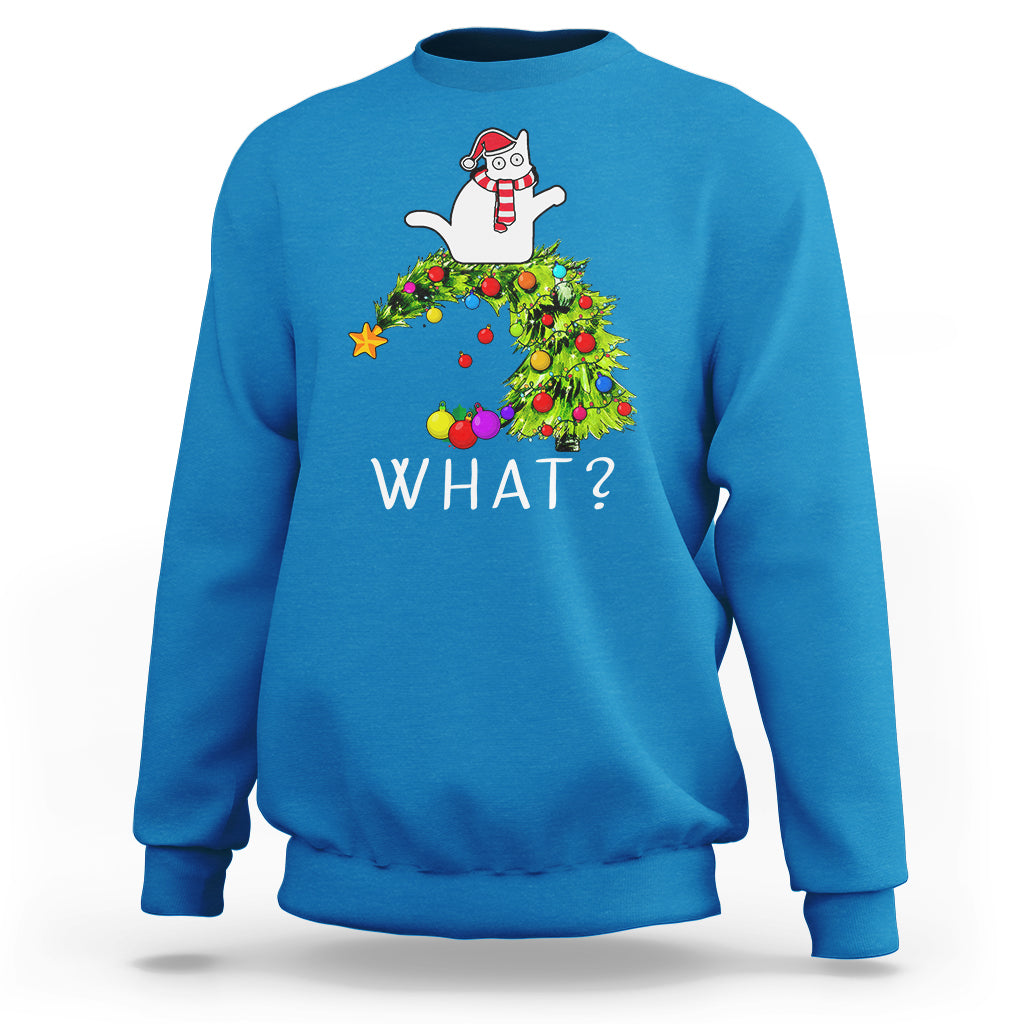 What? Cat Pushing Christmas Tree Xmas Mischievous Cat Lover Sweatshirt - Wonder Print Shop