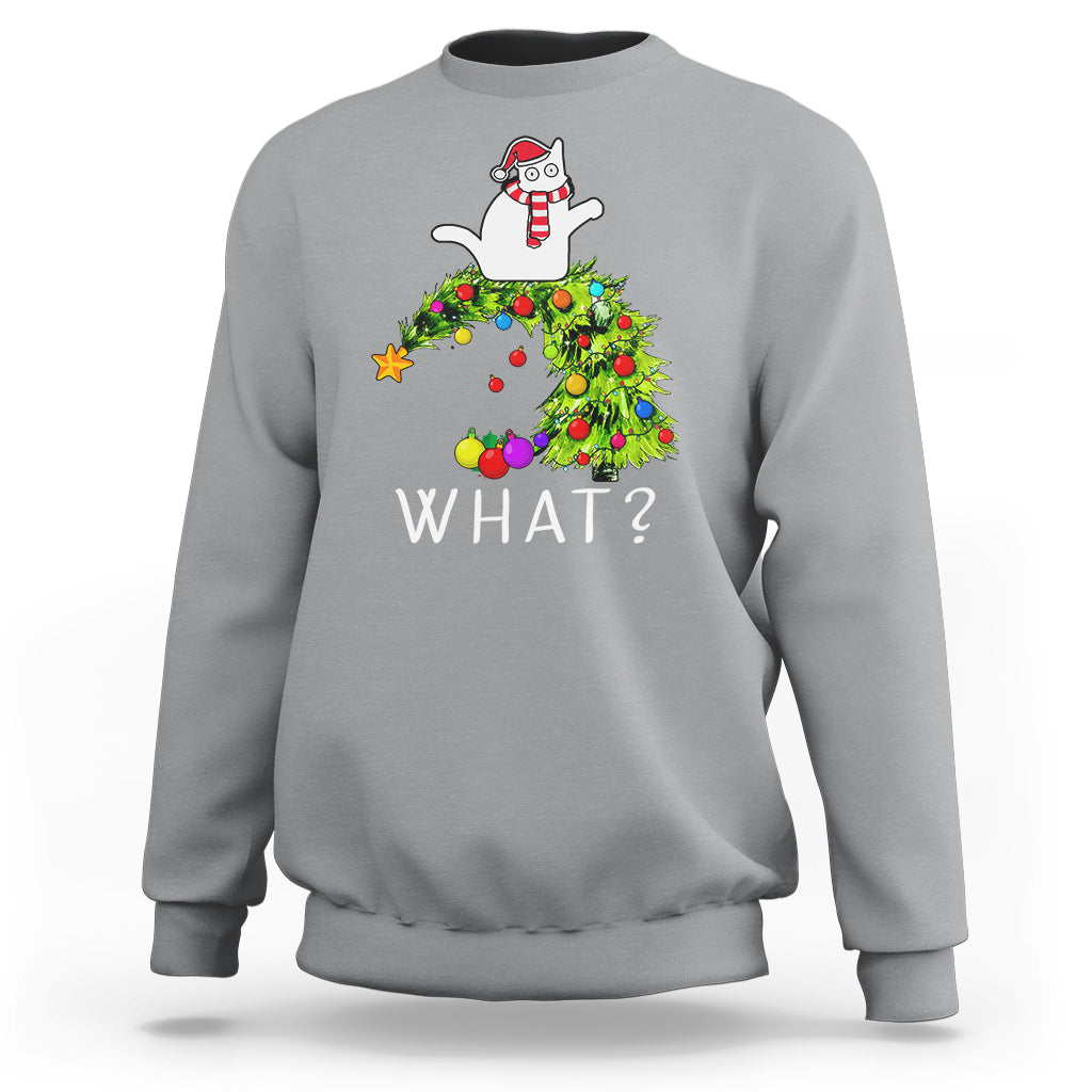What? Cat Pushing Christmas Tree Xmas Mischievous Cat Lover Sweatshirt - Wonder Print Shop
