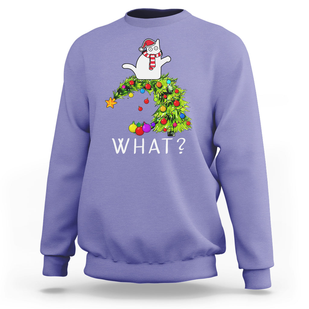 What? Cat Pushing Christmas Tree Xmas Mischievous Cat Lover Sweatshirt - Wonder Print Shop