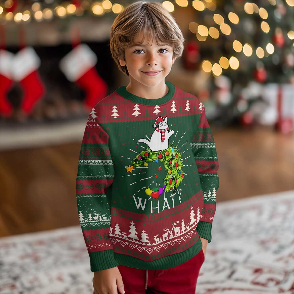 Funny Christmas Cat Ugly Christmas Sweater What? Mischievous Cat Pushing Christmas Tree - Wonder Print Shop
