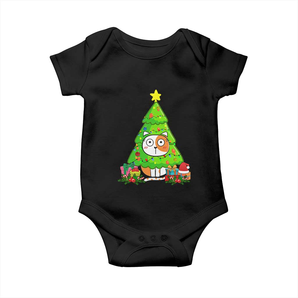 Funny Xmas Cat Baby Onesie What? Cat Pushing Christmas Tree Mischievous Cat Lover