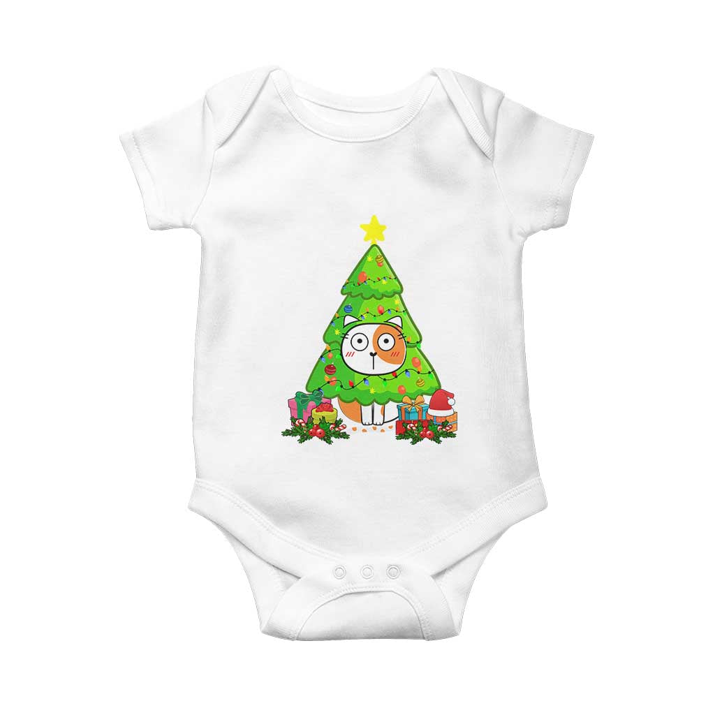 Funny Xmas Cat Baby Onesie What? Cat Pushing Christmas Tree Mischievous Cat Lover