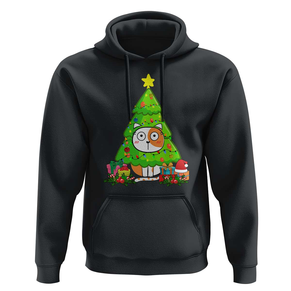 Funny Xmas Cat Hoodie What? Cat Pushing Christmas Tree Mischievous Cat Lover