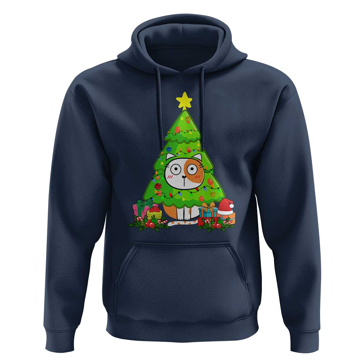 Funny Xmas Cat Hoodie What? Cat Pushing Christmas Tree Mischievous Cat Lover