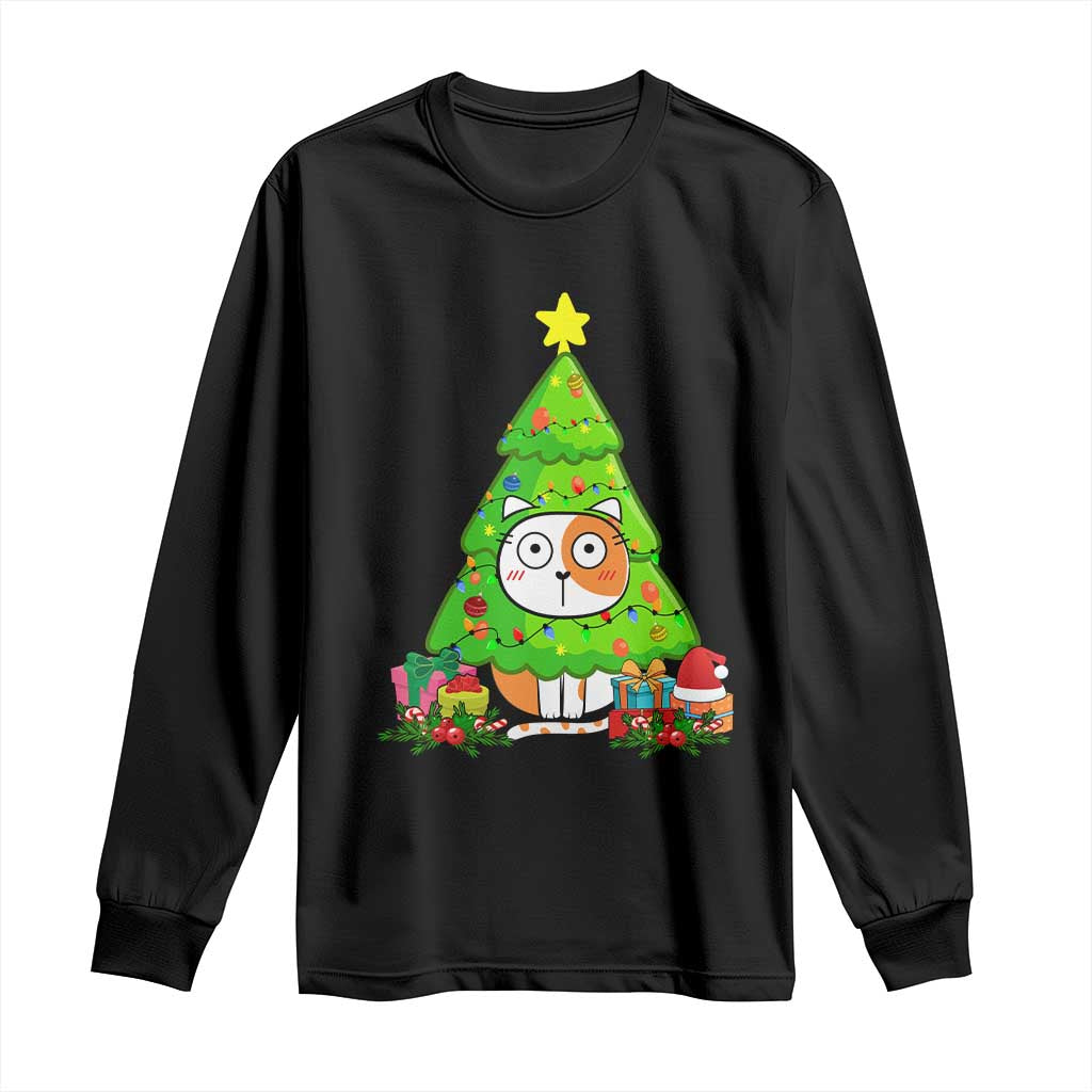 Funny Xmas Cat Long Sleeve Shirt What? Cat Pushing Christmas Tree Mischievous Cat Lover