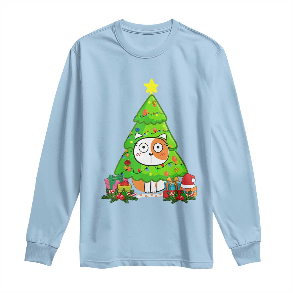 Funny Xmas Cat Long Sleeve Shirt What? Cat Pushing Christmas Tree Mischievous Cat Lover