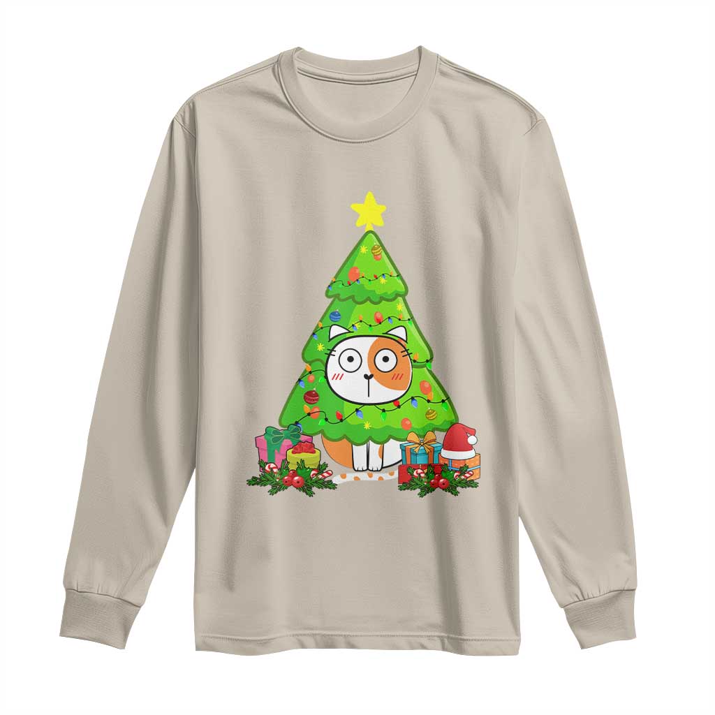 Funny Xmas Cat Long Sleeve Shirt What? Cat Pushing Christmas Tree Mischievous Cat Lover