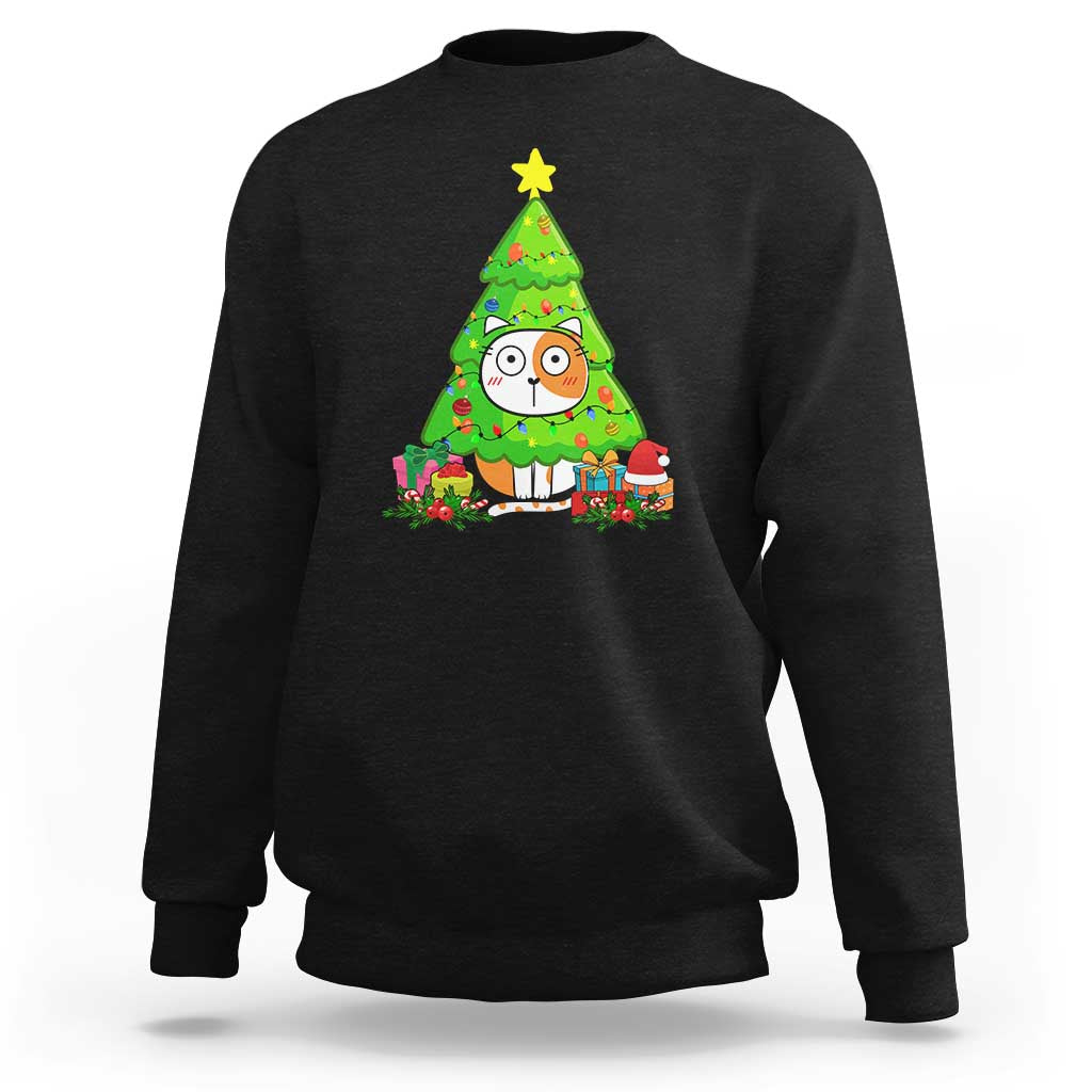 Funny Xmas Cat Sweatshirt What? Cat Pushing Christmas Tree Mischievous Cat Lover - Wonder Print Shop