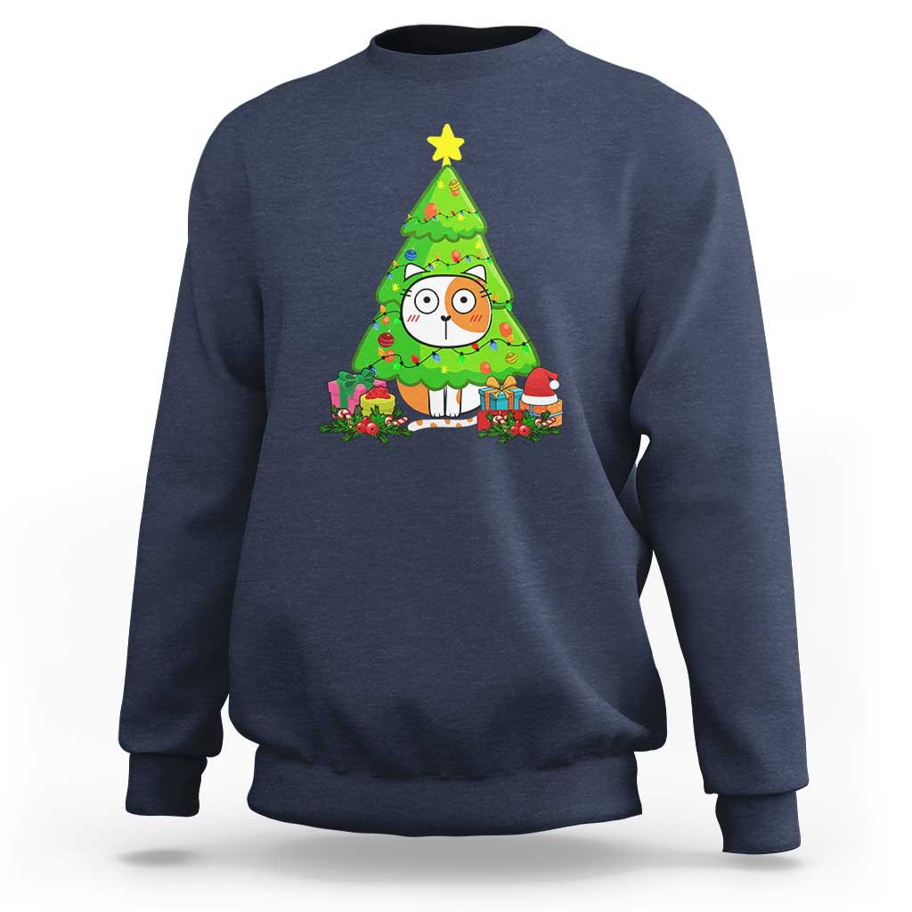 Funny Xmas Cat Sweatshirt What? Cat Pushing Christmas Tree Mischievous Cat Lover - Wonder Print Shop