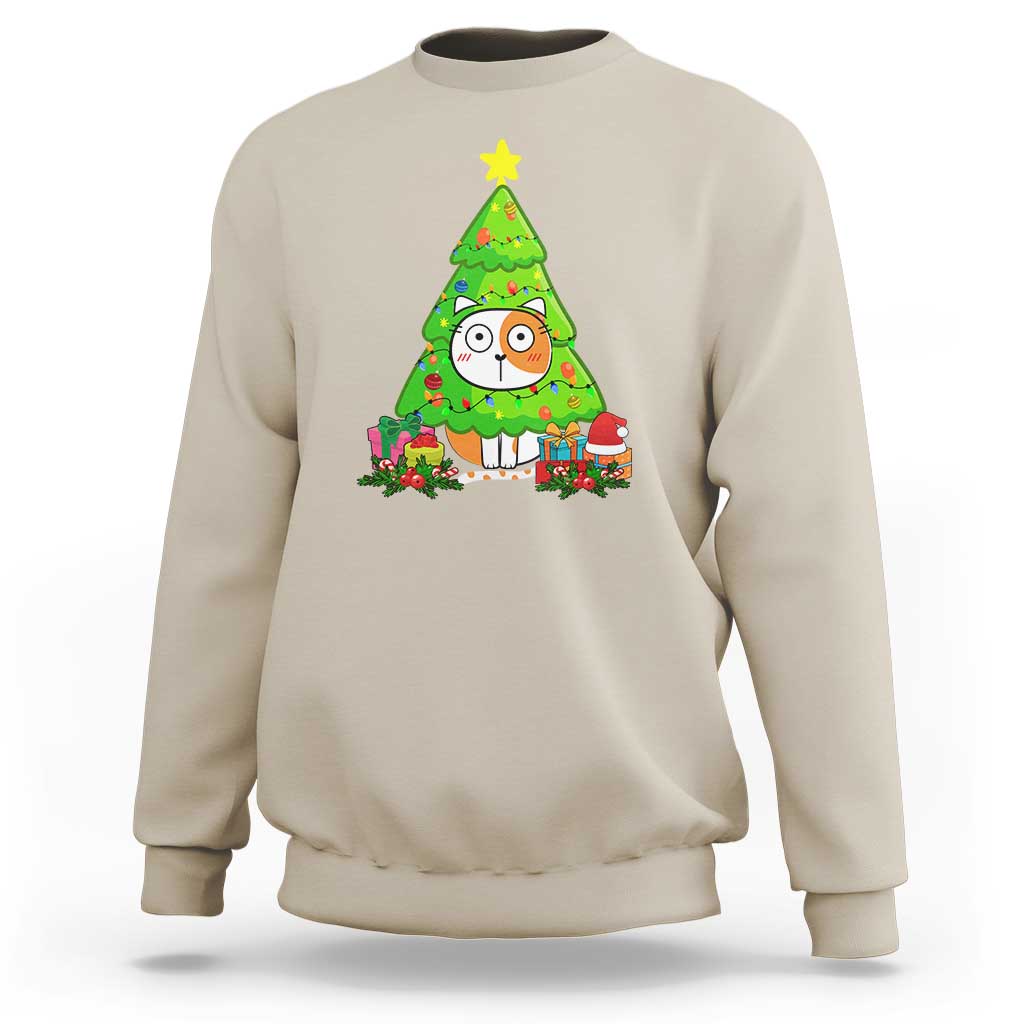Funny Xmas Cat Sweatshirt What? Cat Pushing Christmas Tree Mischievous Cat Lover - Wonder Print Shop