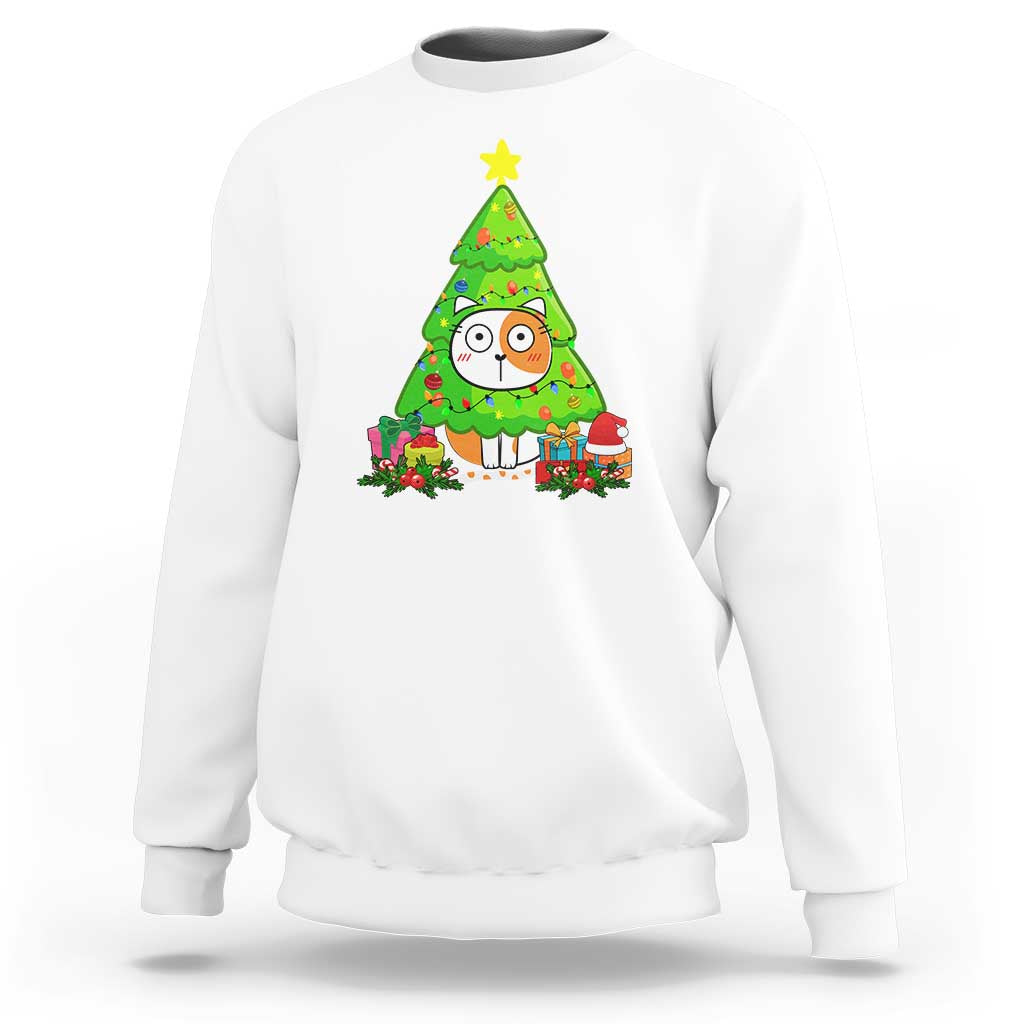 Funny Xmas Cat Sweatshirt What? Cat Pushing Christmas Tree Mischievous Cat Lover - Wonder Print Shop