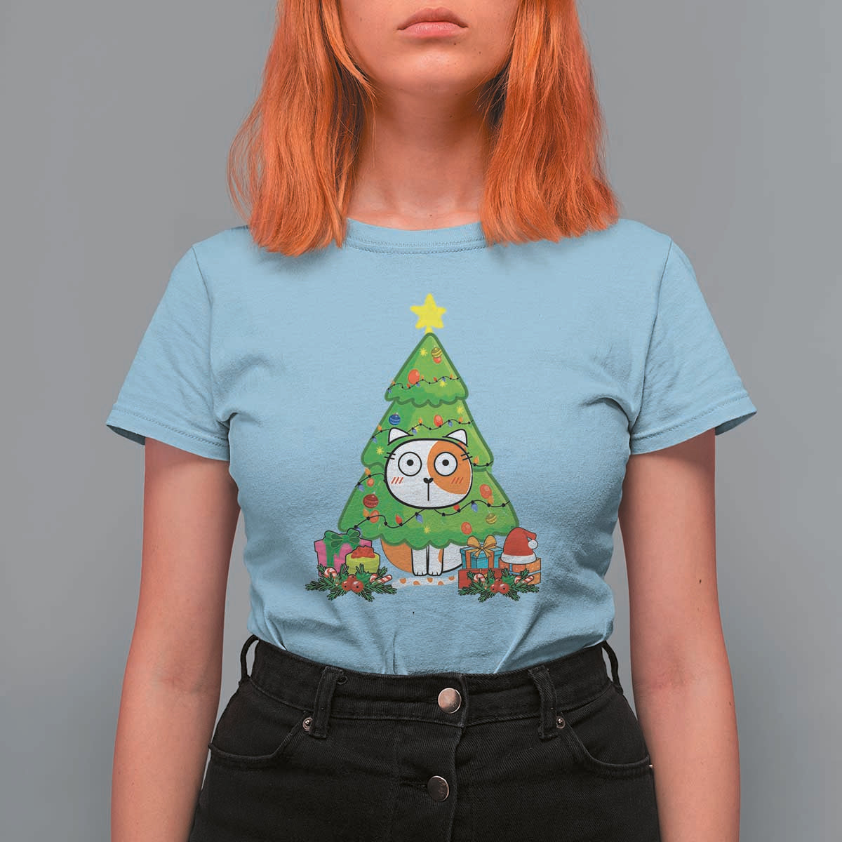 Funny Xmas Cat T Shirt For Women What? Cat Pushing Christmas Tree Mischievous Cat Lover - Wonder Print Shop