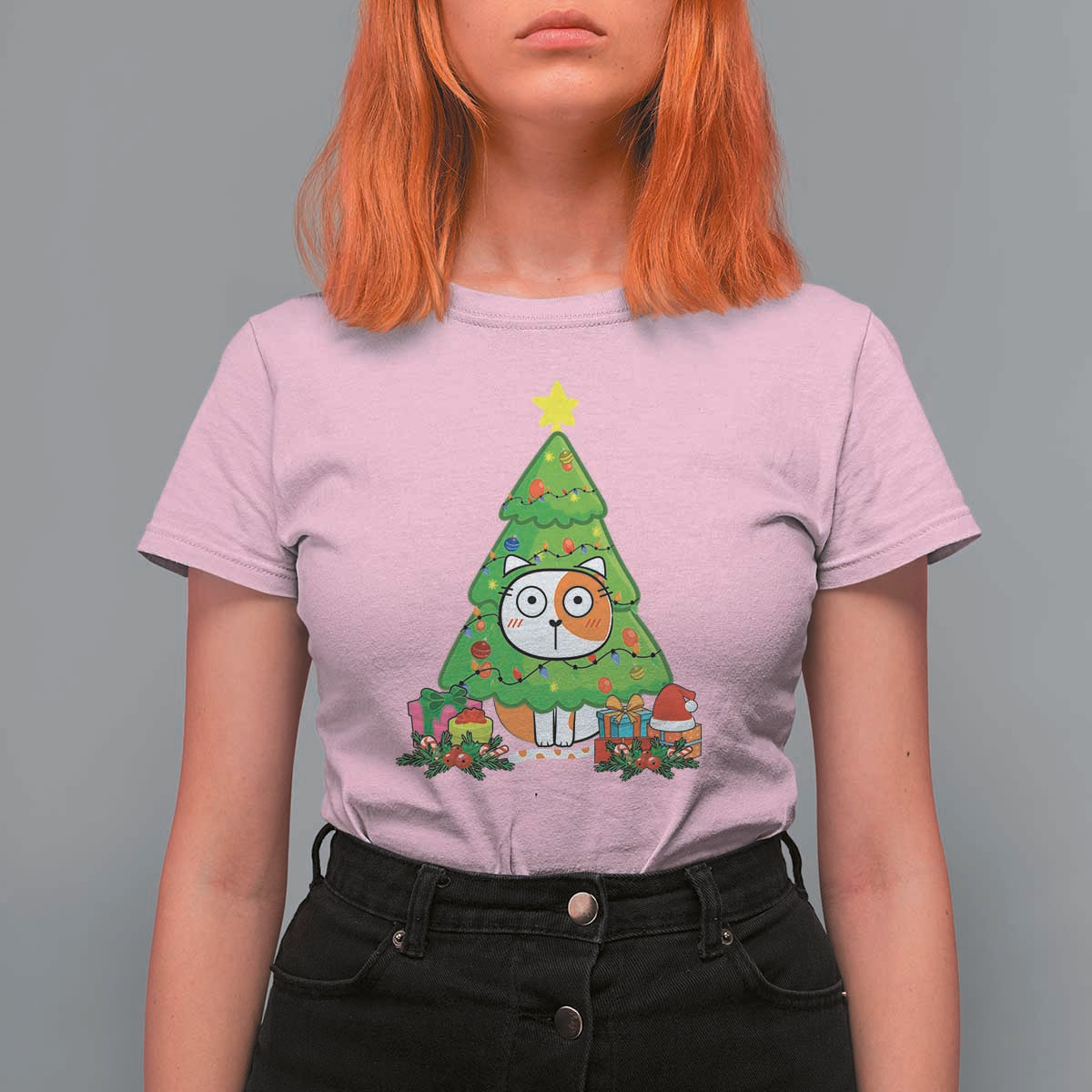 Funny Xmas Cat T Shirt For Women What? Cat Pushing Christmas Tree Mischievous Cat Lover - Wonder Print Shop