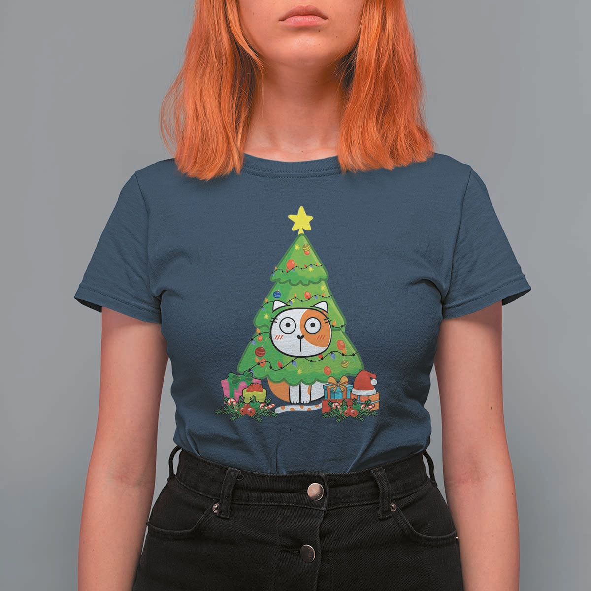 Funny Xmas Cat T Shirt For Women What? Cat Pushing Christmas Tree Mischievous Cat Lover - Wonder Print Shop