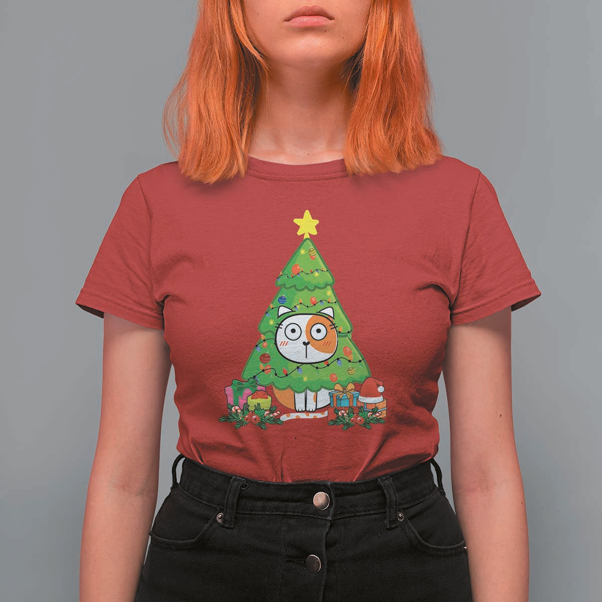 Funny Xmas Cat T Shirt For Women What? Cat Pushing Christmas Tree Mischievous Cat Lover - Wonder Print Shop