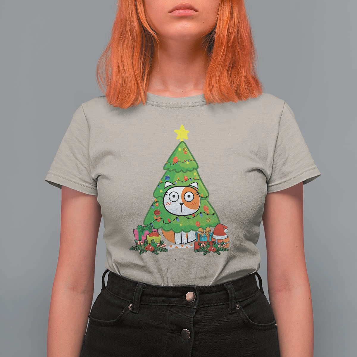 Funny Xmas Cat T Shirt For Women What? Cat Pushing Christmas Tree Mischievous Cat Lover - Wonder Print Shop