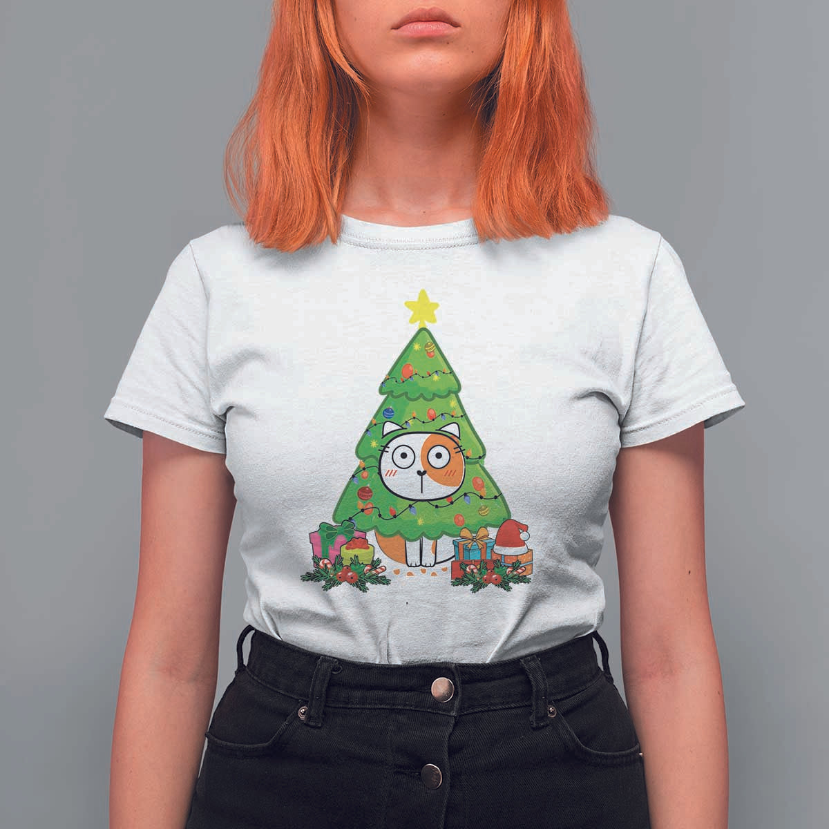 Funny Xmas Cat T Shirt For Women What? Cat Pushing Christmas Tree Mischievous Cat Lover - Wonder Print Shop