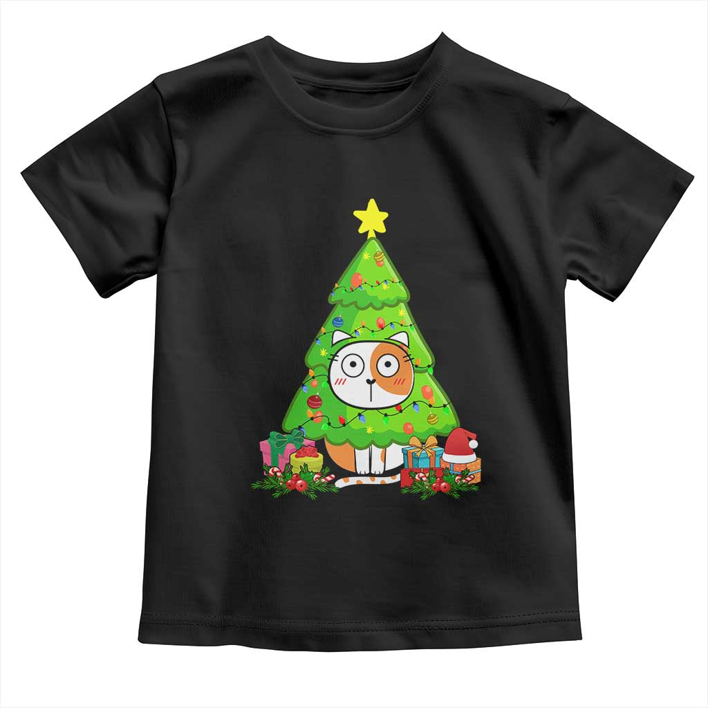 Funny Xmas Cat Toddler T Shirt What? Cat Pushing Christmas Tree Mischievous Cat Lover