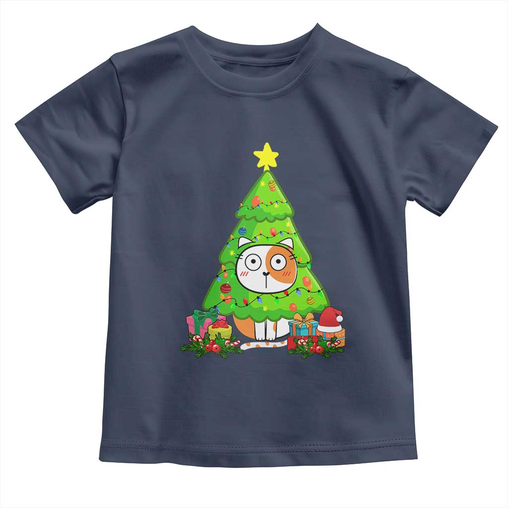 Funny Xmas Cat Toddler T Shirt What? Cat Pushing Christmas Tree Mischievous Cat Lover
