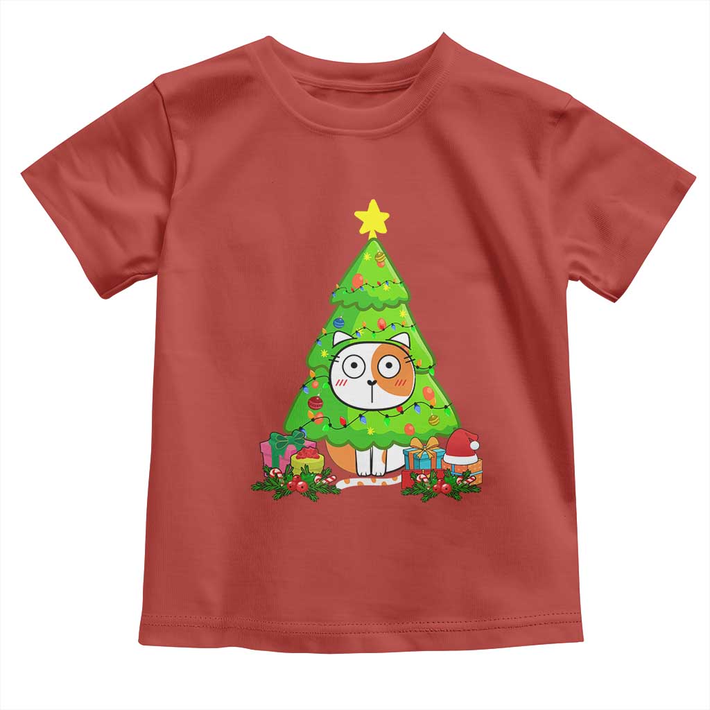 Funny Xmas Cat Toddler T Shirt What? Cat Pushing Christmas Tree Mischievous Cat Lover