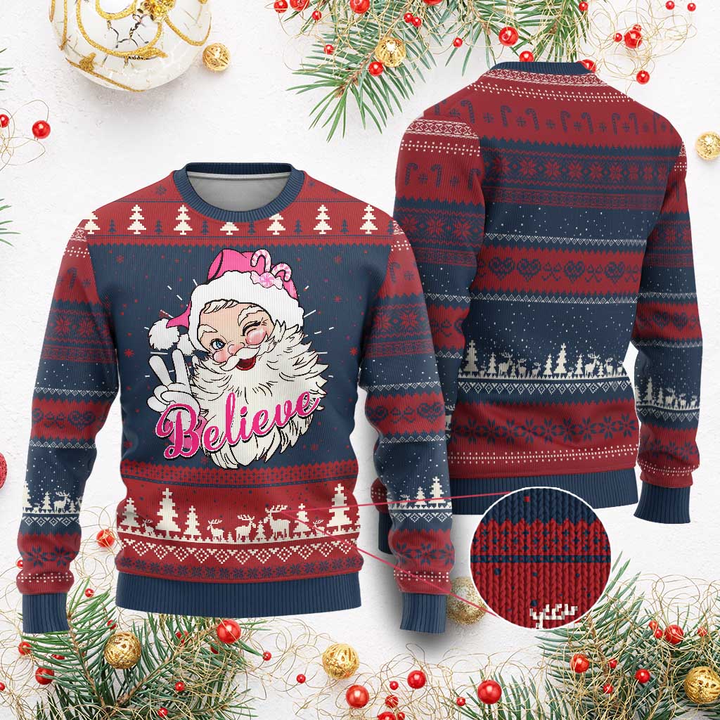 Believe Christmas Vintage Pink Santa Claus Ugly Christmas Sweater - Wonder Print Shop