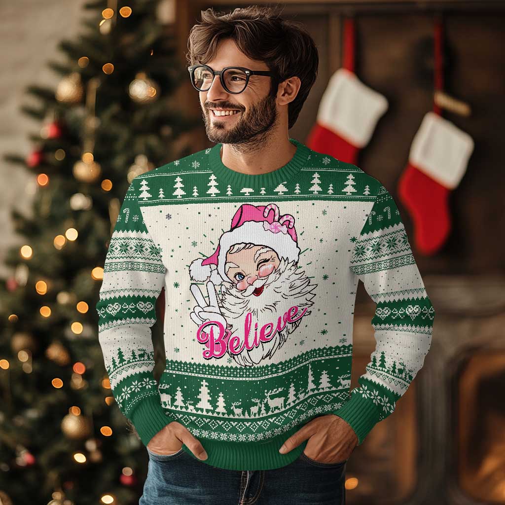 Believe Christmas Vintage Pink Santa Claus Ugly Christmas Sweater - Wonder Print Shop