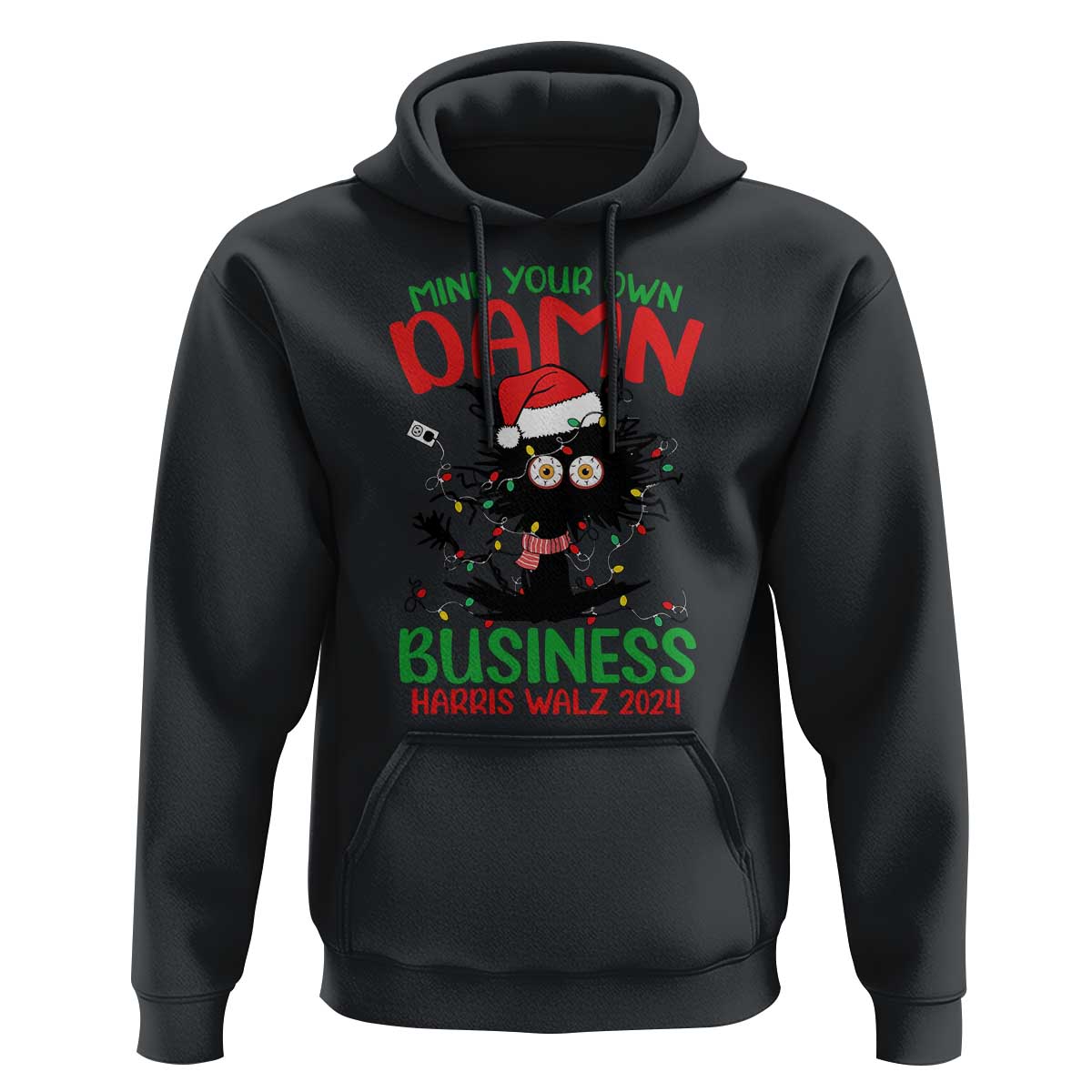 Christmas Harris Walz Hoodie Funny Santa Cat Mind Your Own Damn Business