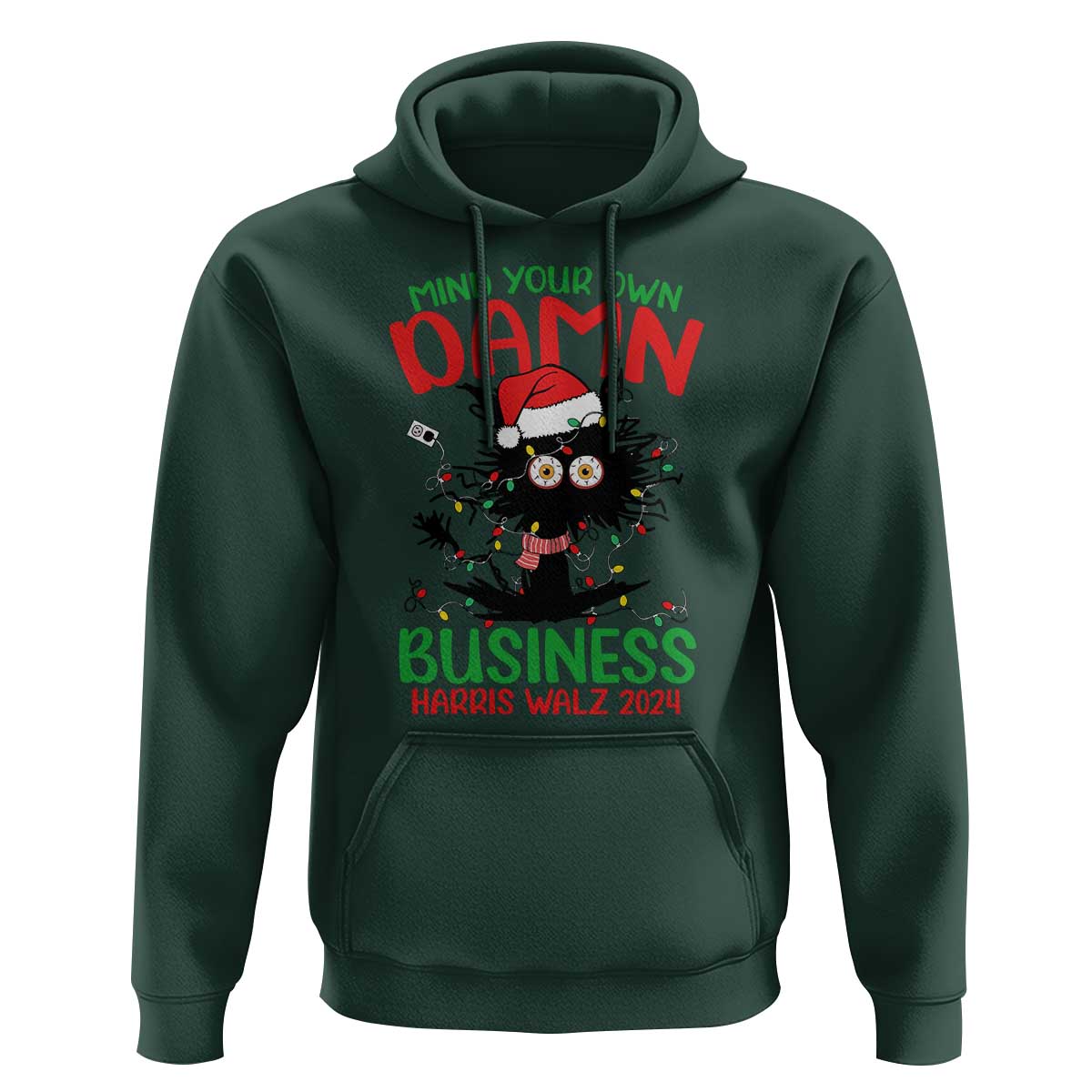 Christmas Harris Walz Hoodie Funny Santa Cat Mind Your Own Damn Business