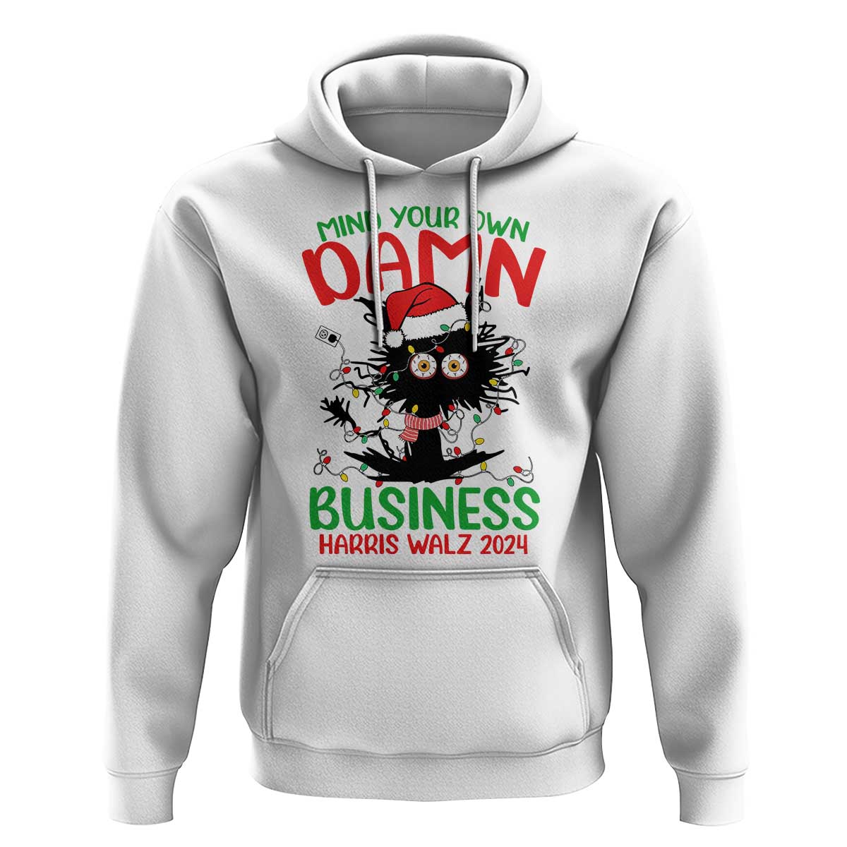 Christmas Harris Walz Hoodie Funny Santa Cat Mind Your Own Damn Business