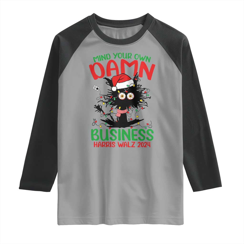 Christmas Harris Walz Raglan Shirt Funny Santa Cat Mind Your Own Damn Business