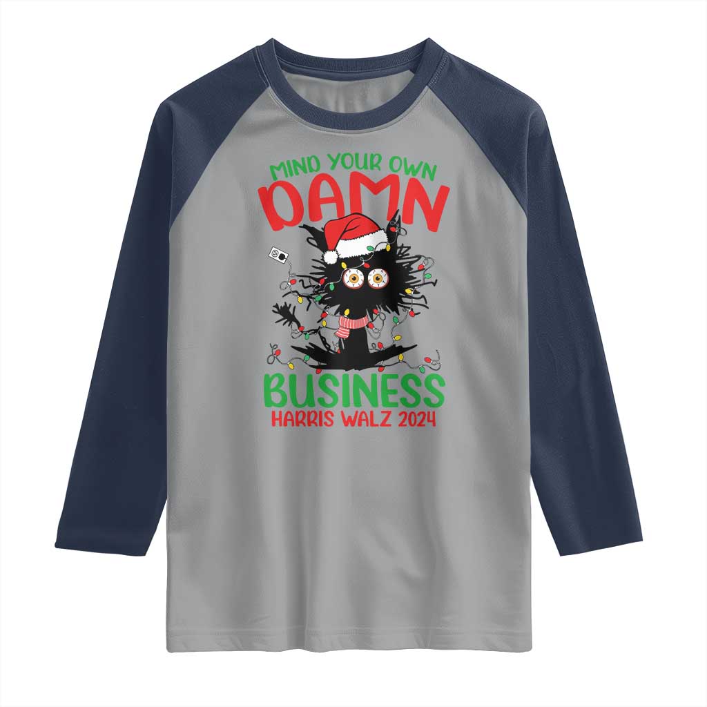 Christmas Harris Walz Raglan Shirt Funny Santa Cat Mind Your Own Damn Business
