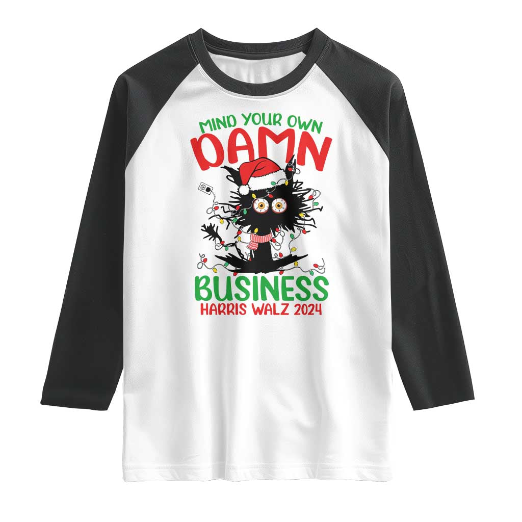 Christmas Harris Walz Raglan Shirt Funny Santa Cat Mind Your Own Damn Business
