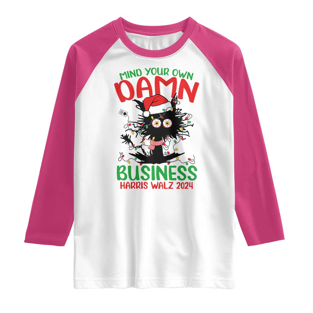 Christmas Harris Walz Raglan Shirt Funny Santa Cat Mind Your Own Damn Business