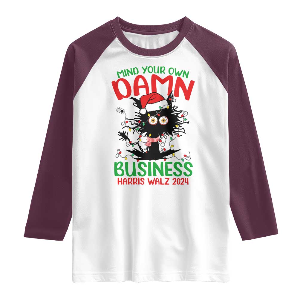 Christmas Harris Walz Raglan Shirt Funny Santa Cat Mind Your Own Damn Business