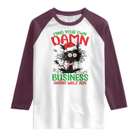 Christmas Harris Walz Raglan Shirt Funny Santa Cat Mind Your Own Damn Business