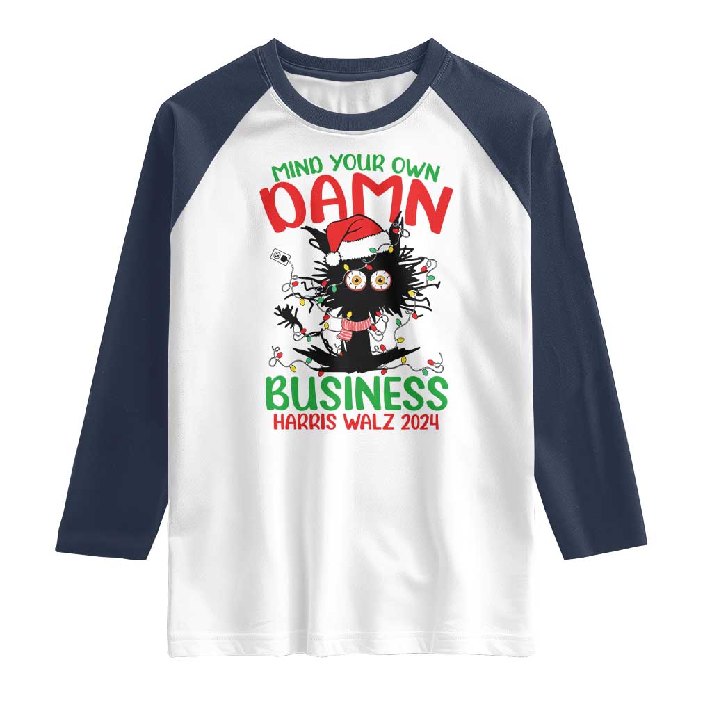 Christmas Harris Walz Raglan Shirt Funny Santa Cat Mind Your Own Damn Business