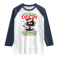 Christmas Harris Walz Raglan Shirt Funny Santa Cat Mind Your Own Damn Business