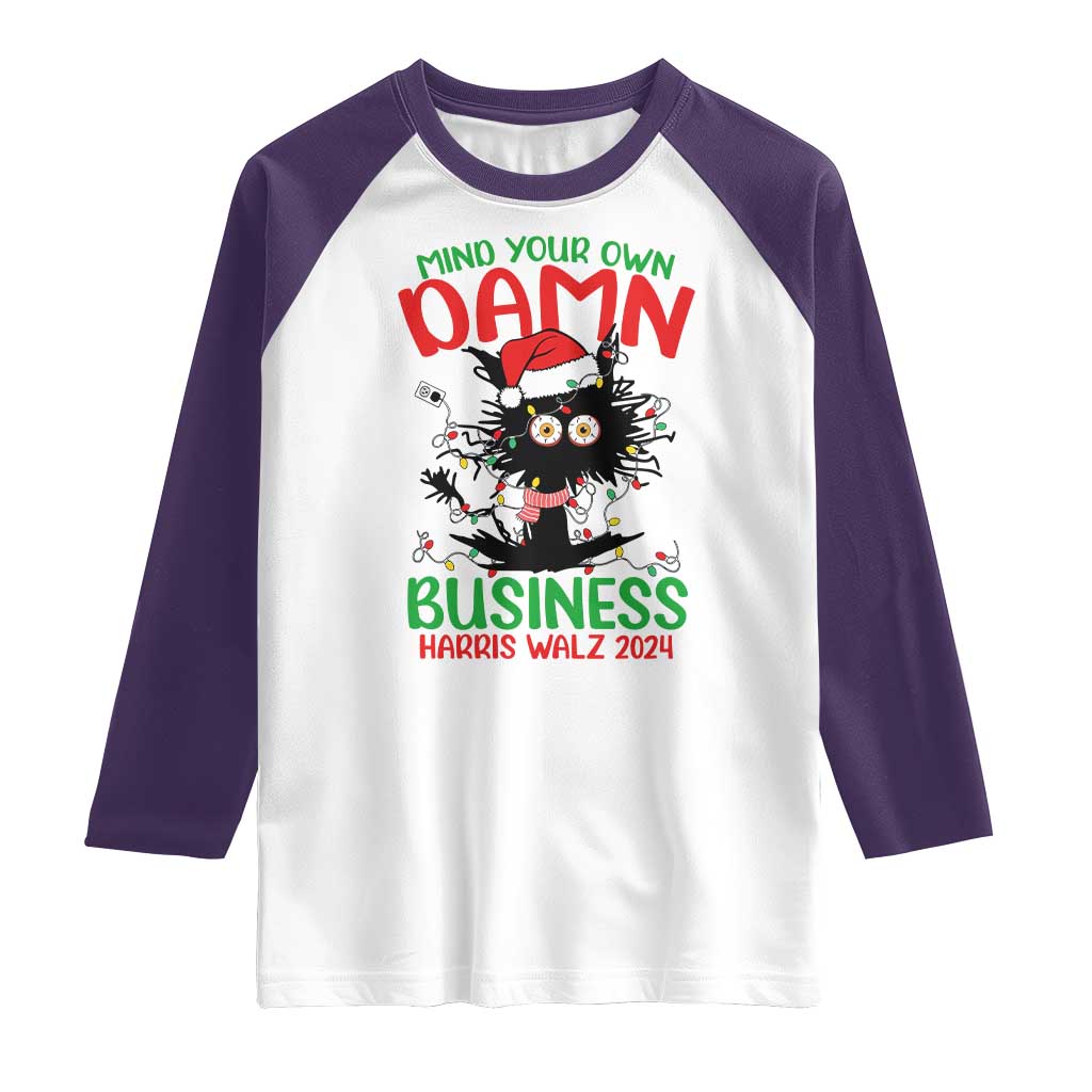 Christmas Harris Walz Raglan Shirt Funny Santa Cat Mind Your Own Damn Business