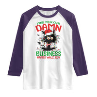 Christmas Harris Walz Raglan Shirt Funny Santa Cat Mind Your Own Damn Business