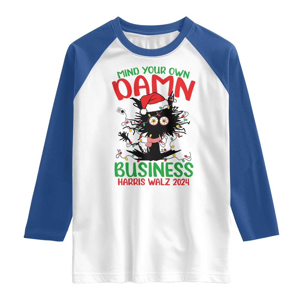 Christmas Harris Walz Raglan Shirt Funny Santa Cat Mind Your Own Damn Business