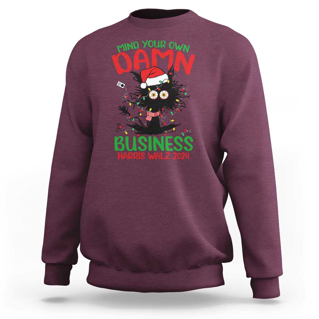 Christmas Harris Walz Sweatshirt Funny Santa Cat Mind Your Own Damn Business - Wonder Print Shop