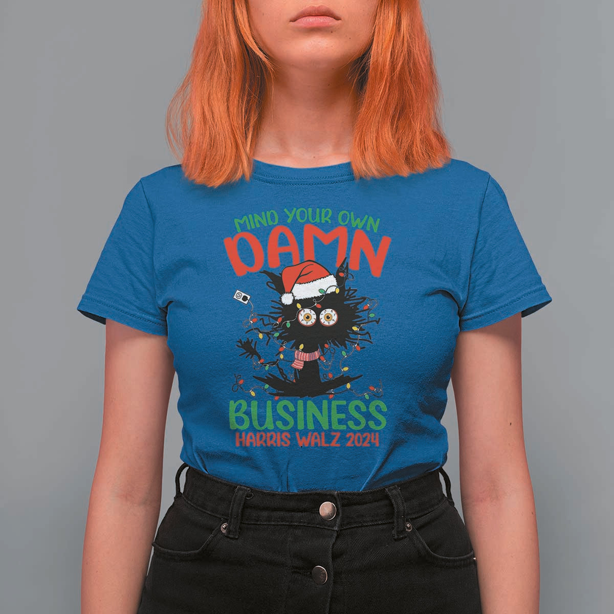 Christmas Harris Walz T Shirt For Women Funny Santa Cat Mind Your Own Damn Business - Wonder Print Shop
